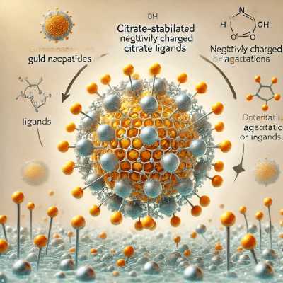 An image illustrating the behavior of citrate-stabilized gold nanoparticles in a colloidal solution and what happens upon dilution:This image demonstrates how the citrate ligands create a negative charge around the nanoparticles, preventing aggregation. Upon dilution, the decreased concentration of citrate ions leads to reduced stability and potential aggregation.